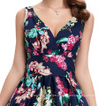 Belle Poque Blume gedruckt Vintage Retro Sleeveless Deep V Neck Baumwolle Retro Kleid BP000109-1